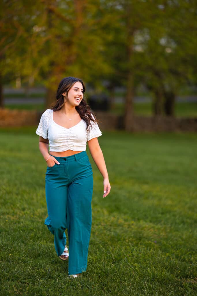 Girl In Green Pants And White Shirt At Lexington Senior Photographer