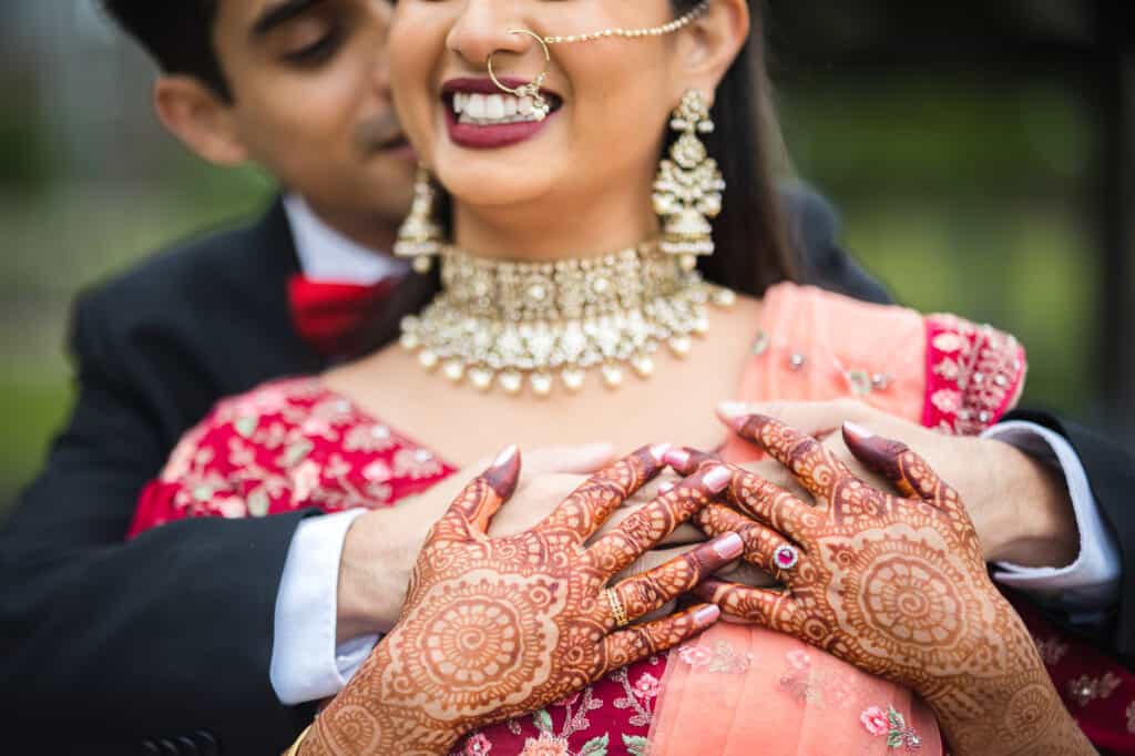 Close-up of Sana's intricate henna designs and traditional jewelry, captured during the Nikkah pre-ceremony portrait session in Louisville.