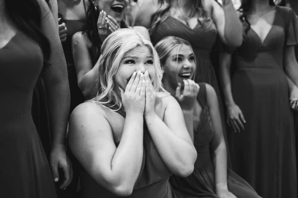 A bridesmaid is crying at the Harper Hall Wedding.