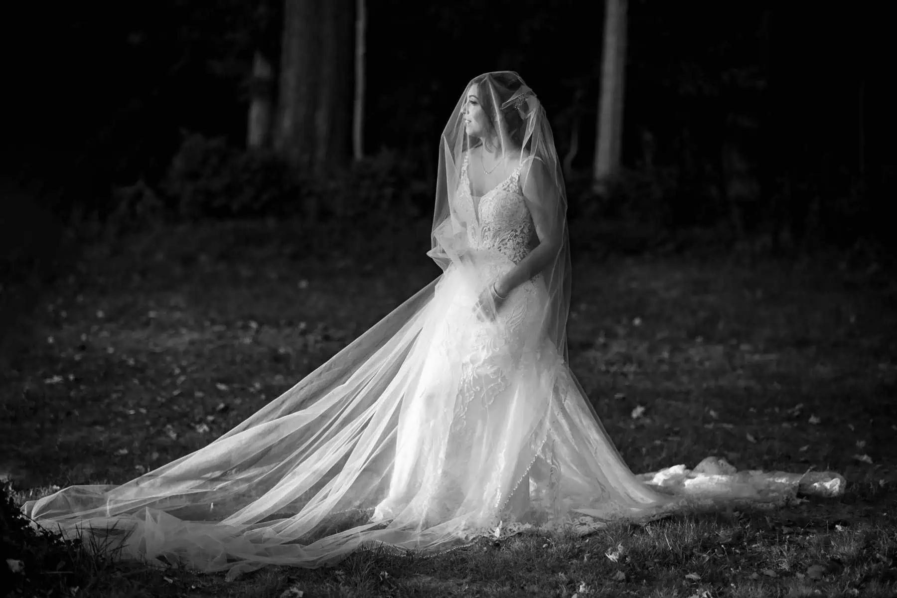 A black and white photo of a bride in a wedding dress.