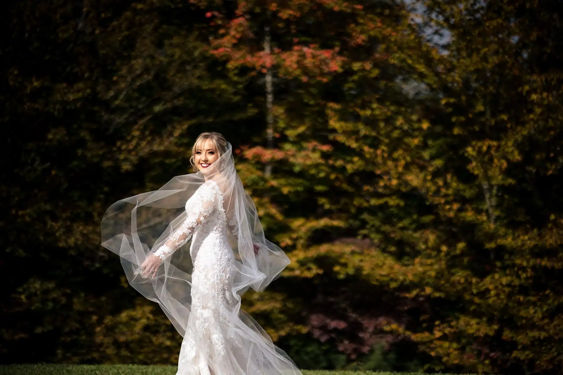 A bride wearing a long veil in a field.