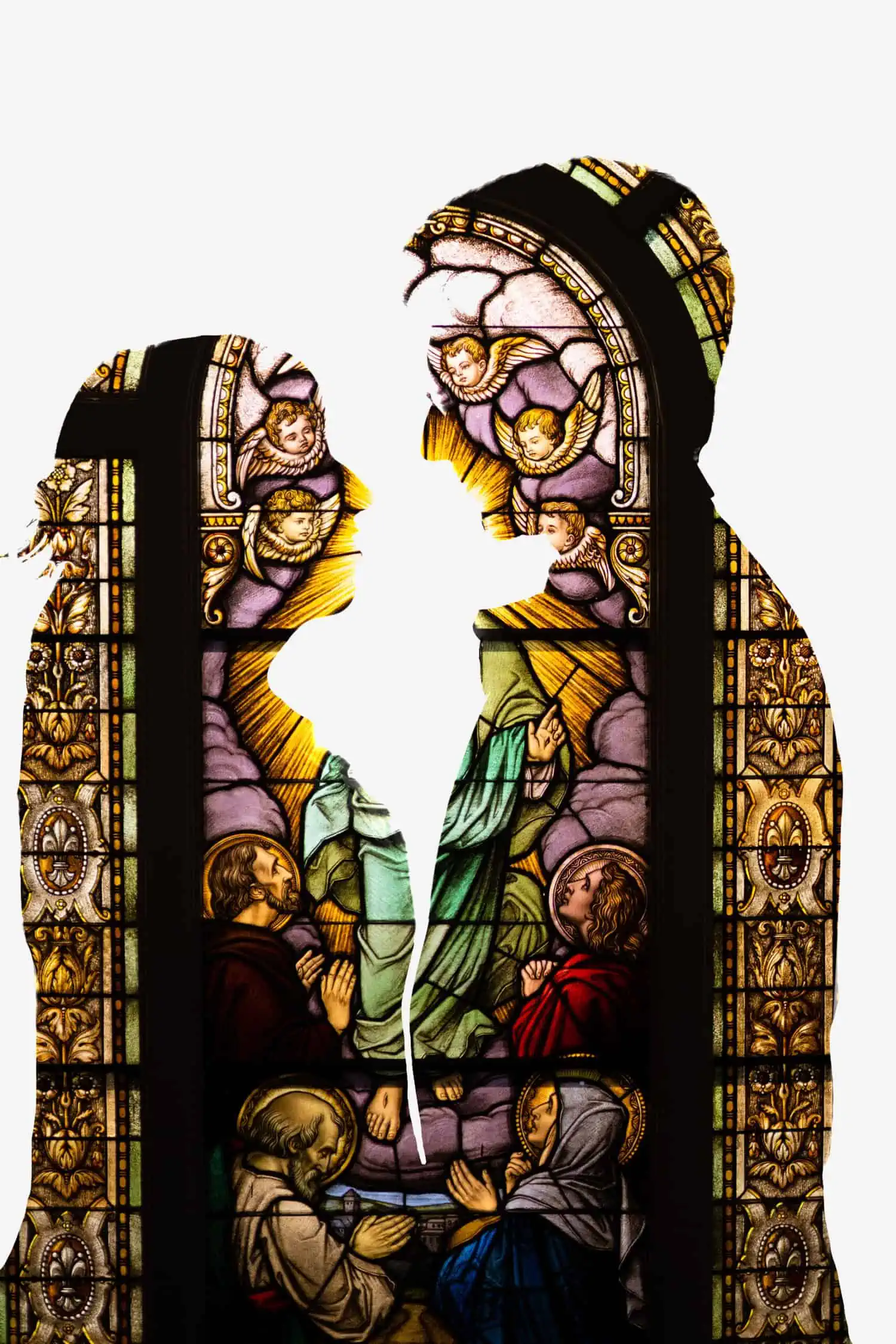 A silhouette of a couple kissing in front of a stained glass window.