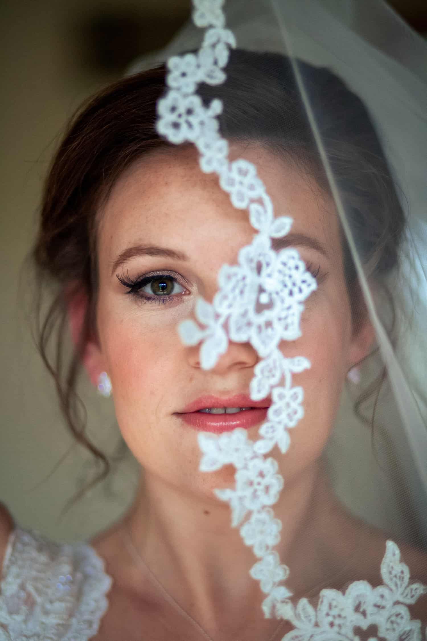 A bride with a veil covering her face.